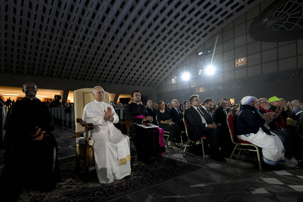 Pope Leo XIV attends the Concert with the Poor on Dec. 6, 2025, at the Vatican’s Paul VI Hall. The annual event unites music and solidarity in support of those in need. (Vatican Media)