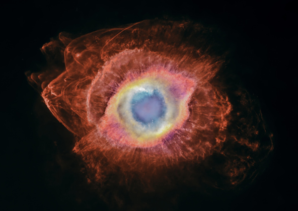 The Helix Nebula and the cosmic recycling of stellar material. The bright central nebula surrounds a white dwarf, the remnant of the star that created it. Farther out, newly revealed bow shocks show fragments of material cast off by that star colliding with surrounding interstellar gas. The fragments become progressively smaller and more disrupted as they are stripped, shredded and mixed into space. The new MOTHRA data are combined with previous data from the Hubble Space Telescope and the Kitt Peak 4m telescope to create this color image. Credit for the previous data: NASA, ESA, C. R. O’Dell (Vanderbilt University) and M. Meixner, P. McCullough and G. Bacon (Space Telescope Science Institute). Credit for the combination of MOTHRA, Hubble, and Kitt Peak data: Andrew McCarthy (andrew@cosmicbackground.io)