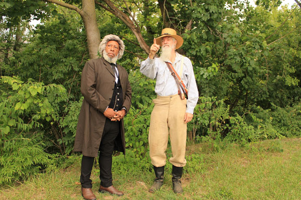 Frederick Douglass and John Brown in discussion near the quarry meeting site in Chambersburg; living history provided by Nathan Richardson and Doug Dobbs. A planned Brown-Douglass statue will anchor a Road To Freedom Trail with the history of the era, including Underground Railroad and United States Colored Troop sites in Franklin County PA.