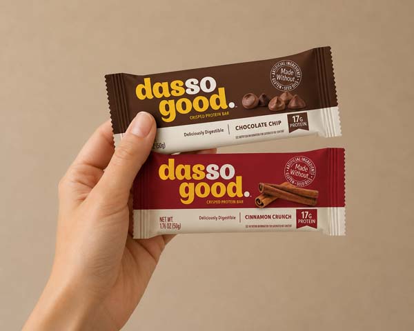 dasso good bars in chocolate chip and cinnamon crunch flavors.